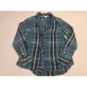 Crown & Ivy Small Green Plaid Highland Holiday Ruffle Blouse‎